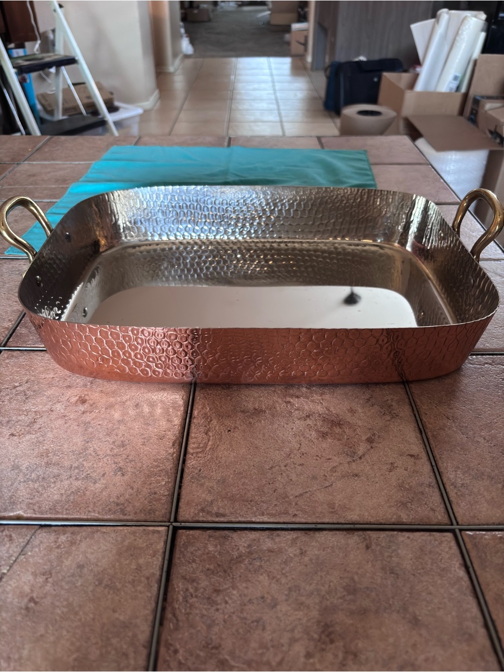 Vintage Copper Baking Roasting Pan, Nickel Lined w/ Brass Handles 15”x 10” Korea